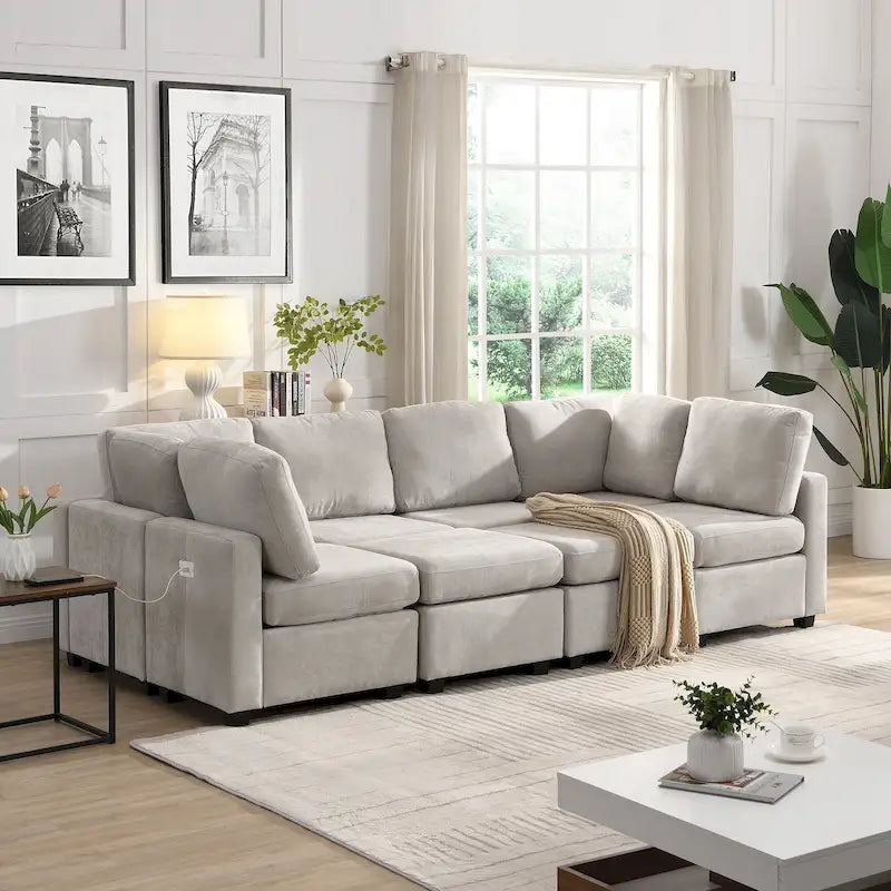 Beige U-Shaped Sectional Sofa with 2 Ottomans - Chenille Fabric with USB Ports