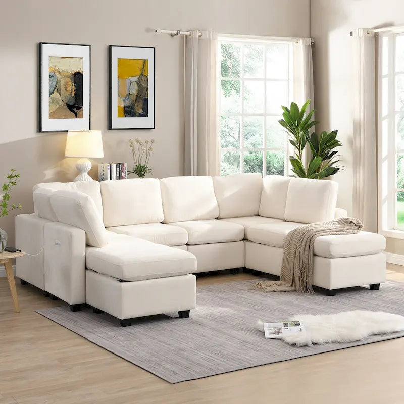 Beige U-Shaped Sectional Sofa with 2 Ottomans - Chenille Fabric with USB Ports
