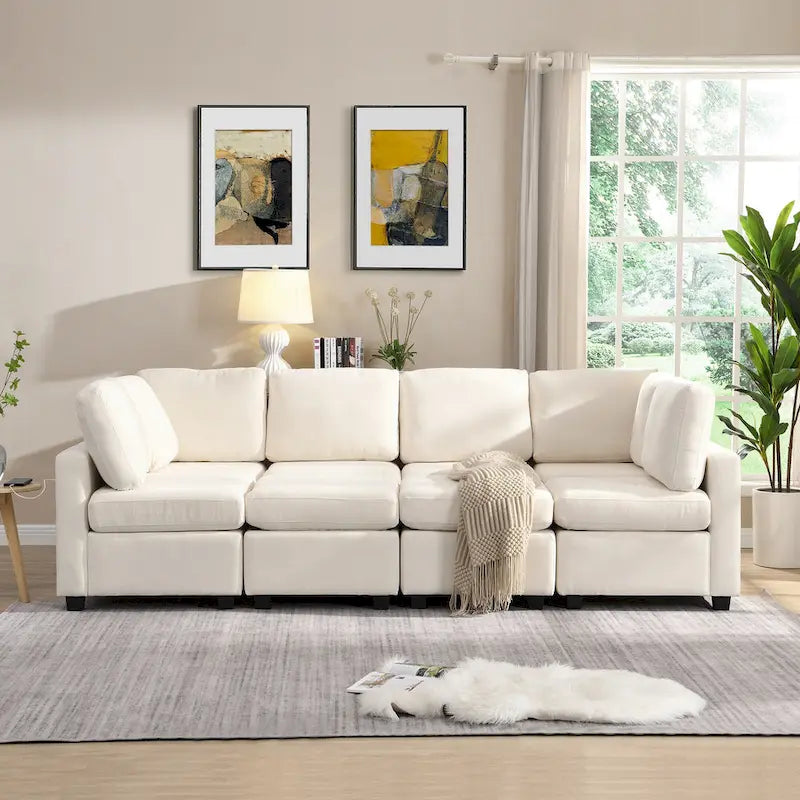 Beige U-Shaped Sectional Sofa with 2 Ottomans - Chenille Fabric with USB Ports