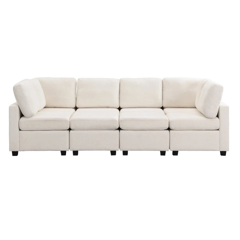 Beige U-Shaped Sectional Sofa with 2 Ottomans - Chenille Fabric with USB Ports