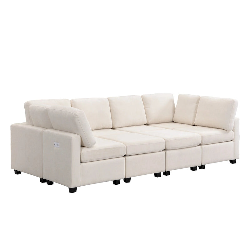 Beige U-Shaped Sectional Sofa with 2 Ottomans - Chenille Fabric with USB Ports