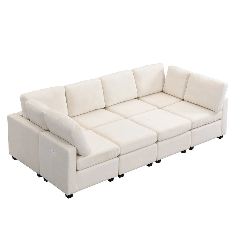Beige U-Shaped Sectional Sofa with 2 Ottomans - Chenille Fabric with USB Ports