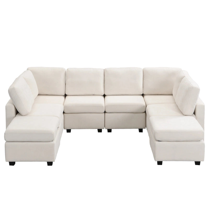 Beige U-Shaped Sectional Sofa with 2 Ottomans - Chenille Fabric with USB Ports