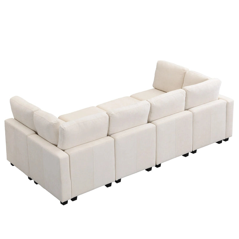 Beige U-Shaped Sectional Sofa with 2 Ottomans - Chenille Fabric with USB Ports