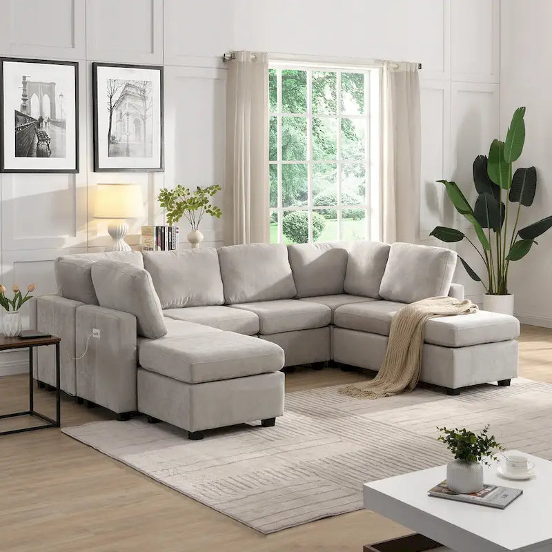 Beige U-Shaped Sectional Sofa with 2 Ottomans - Chenille Fabric with USB Ports