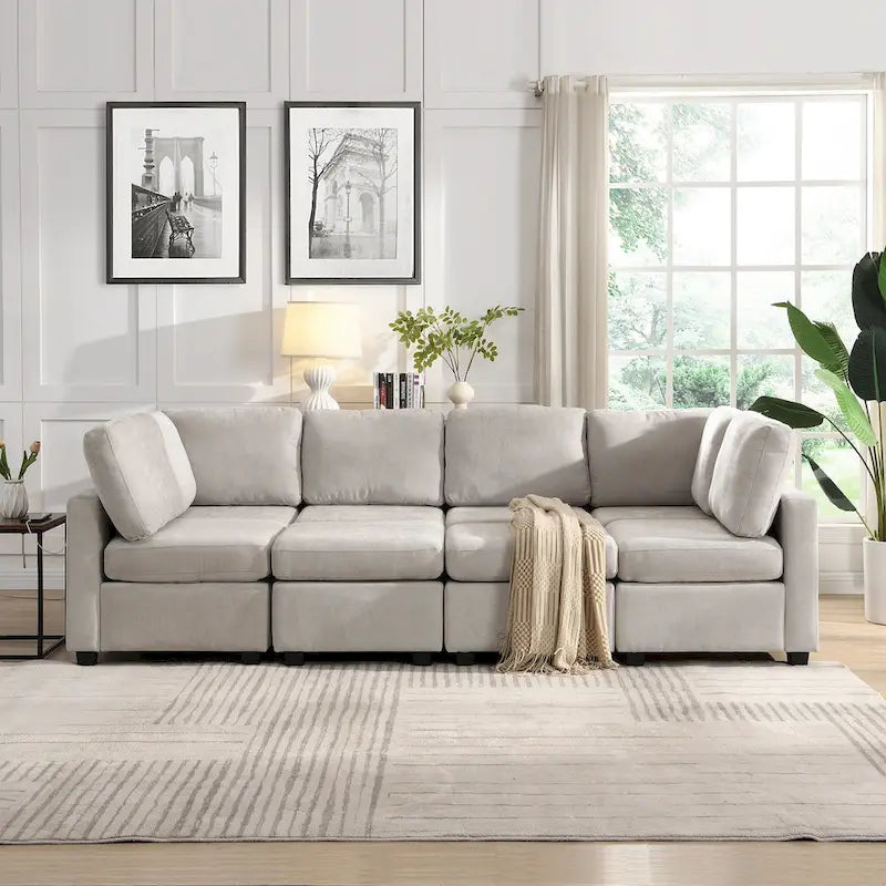 Beige U-Shaped Sectional Sofa with 2 Ottomans - Chenille Fabric with USB Ports