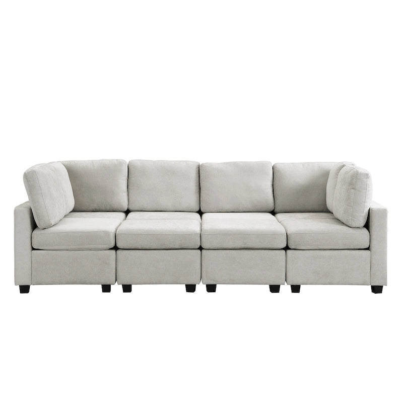Beige U-Shaped Sectional Sofa with 2 Ottomans - Chenille Fabric with USB Ports