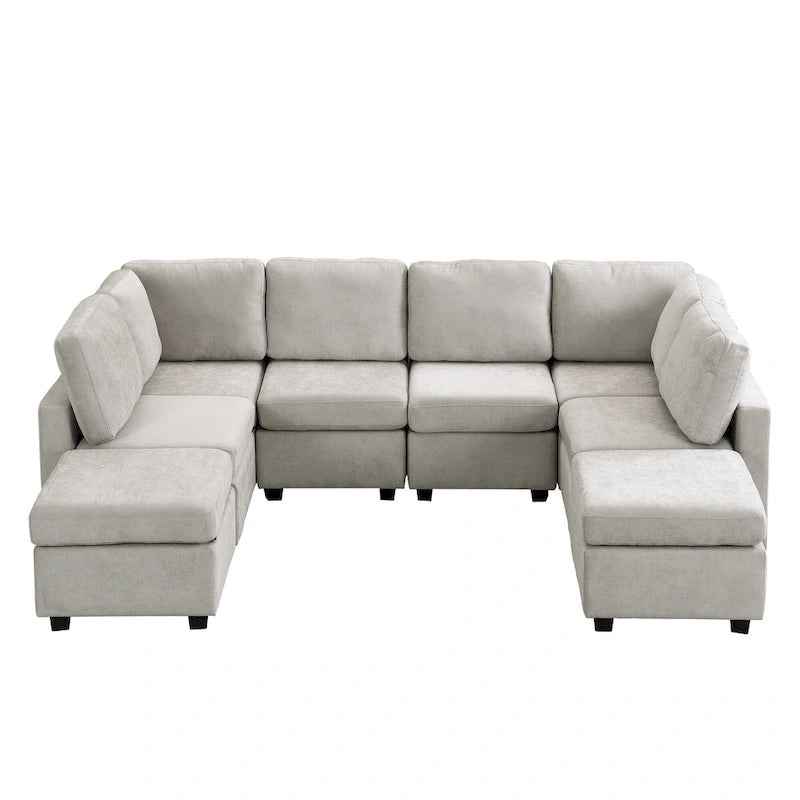 Beige U-Shaped Sectional Sofa with 2 Ottomans - Chenille Fabric with USB Ports
