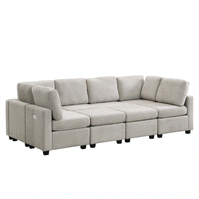 Beige U-Shaped Sectional Sofa with 2 Ottomans - Chenille Fabric with USB Ports