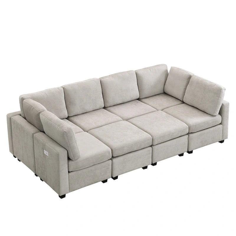 Beige U-Shaped Sectional Sofa with 2 Ottomans - Chenille Fabric with USB Ports