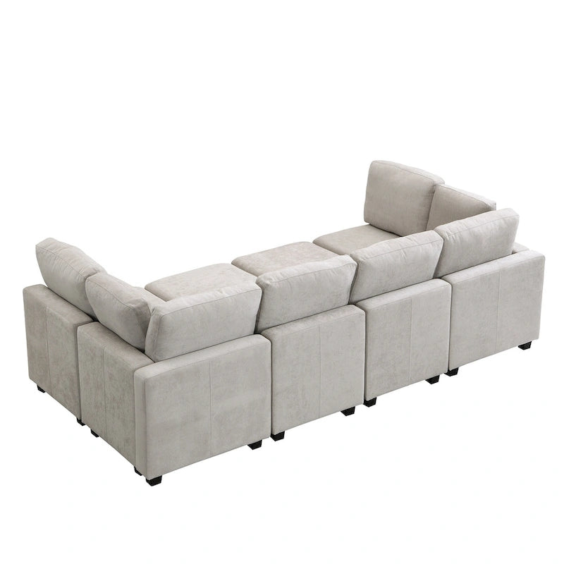Beige U-Shaped Sectional Sofa with 2 Ottomans - Chenille Fabric with USB Ports