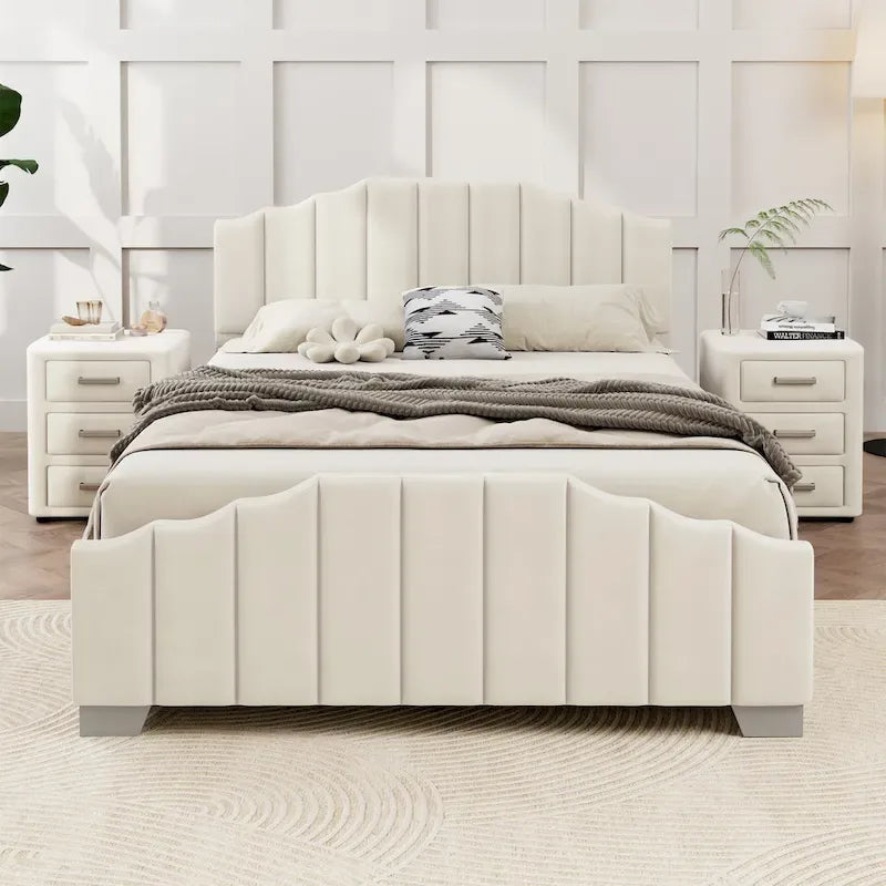 Modern King Size Upholstered Platform Bed with Quilted Headboard and Footboard, Wooden Frame, No Box Spring Needed