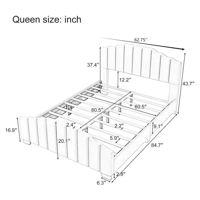 King Size Black Velvet Upholstered Platform Bed with Tufted Headboard