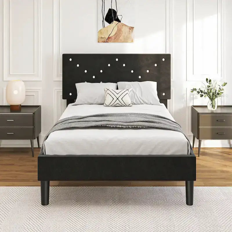 Upholstered Platform Bed, Full Size, Black with Padded Headboard & Heavy-Duty Metal Frame
