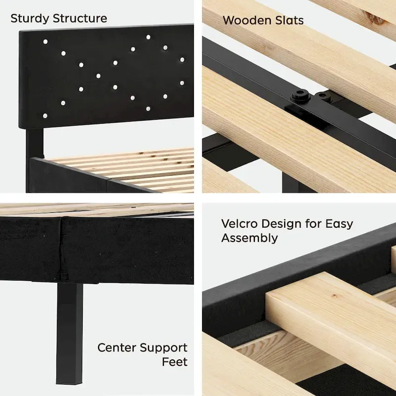 Upholstered Platform Bed, Full Size, Black with Padded Headboard & Heavy-Duty Metal Frame