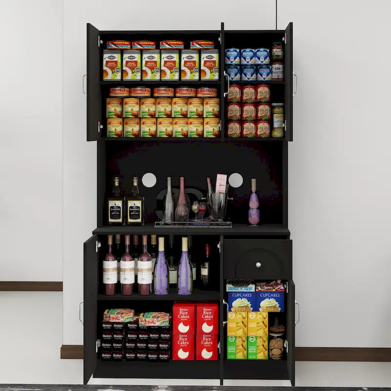 71 Kitchen Pantry Storage Cabinet with Microwave Oven Countertop, Freestanding Hutch Cabinet with Adjustable Shelves