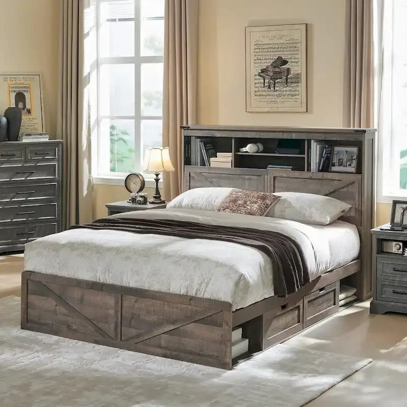 Farmhouse Full Size Wood Bed Frame with Storage Headboard and Drawers