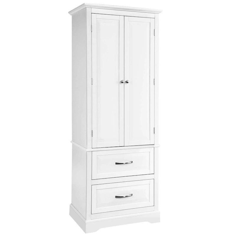 White Tall Storage Cabinet with 2 Drawers - Freestanding Bathroom Tower