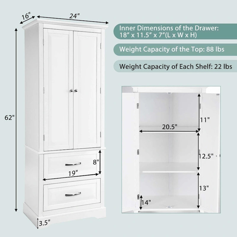 White Tall Storage Cabinet with 2 Drawers - Freestanding Bathroom Tower
