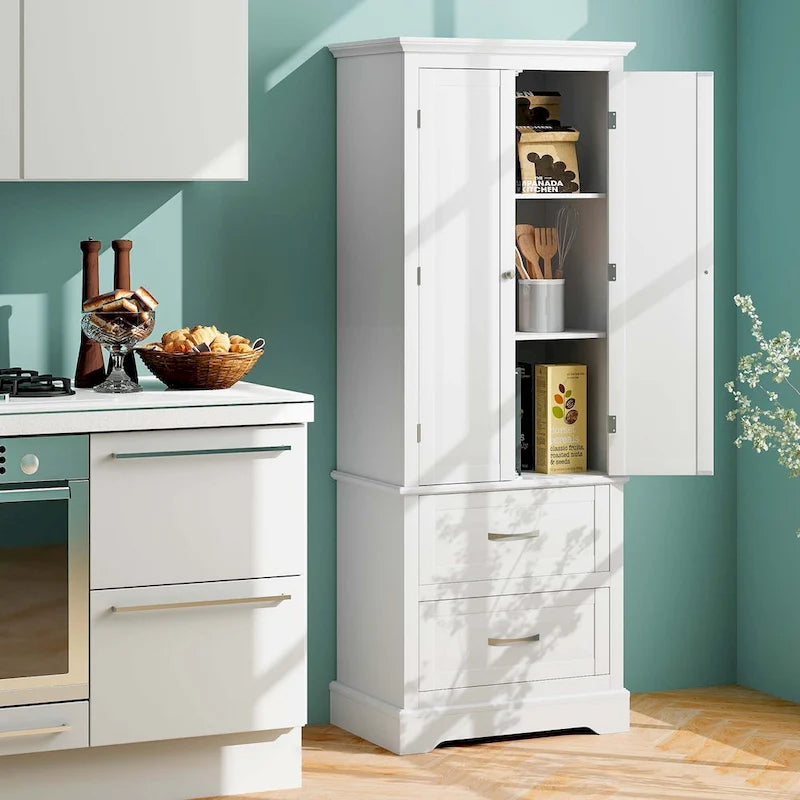 White Tall Storage Cabinet with 2 Drawers - Freestanding Bathroom Tower