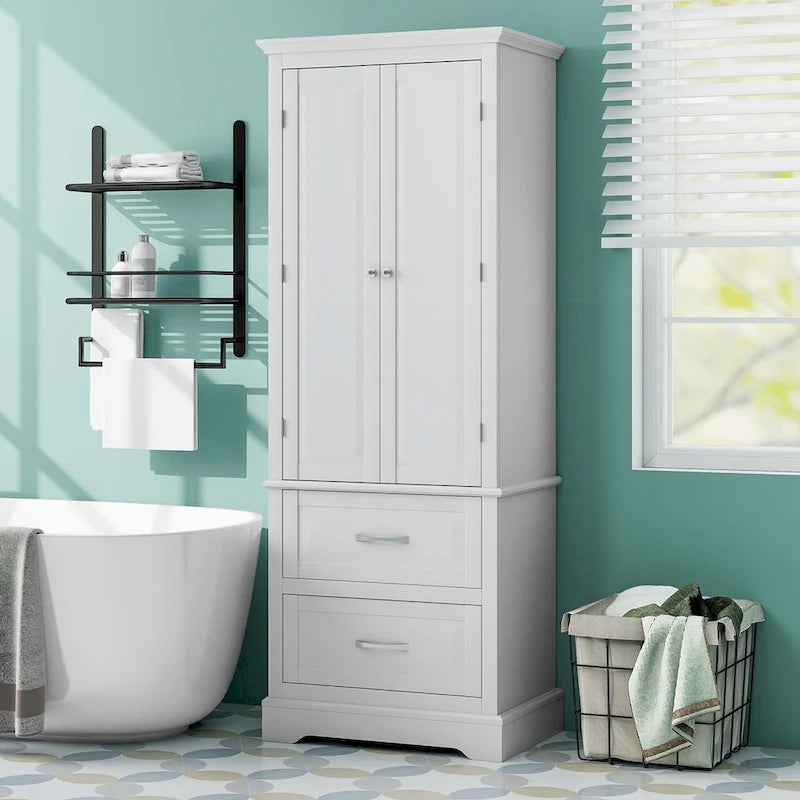 White Tall Storage Cabinet with 2 Drawers - Freestanding Bathroom Tower