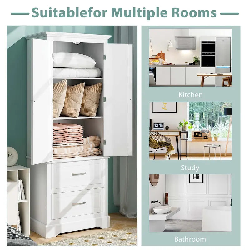 White Tall Storage Cabinet with 2 Drawers - Freestanding Bathroom Tower