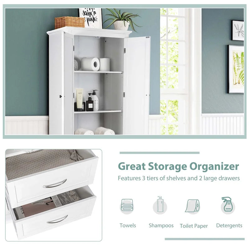 White Tall Storage Cabinet with 2 Drawers - Freestanding Bathroom Tower