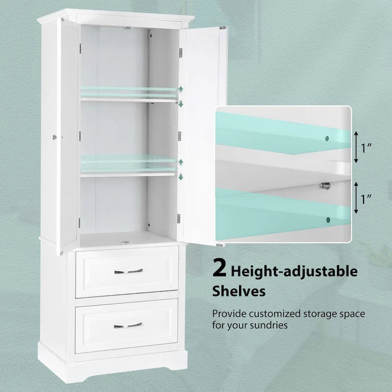 White Tall Storage Cabinet with 2 Drawers - Freestanding Bathroom Tower