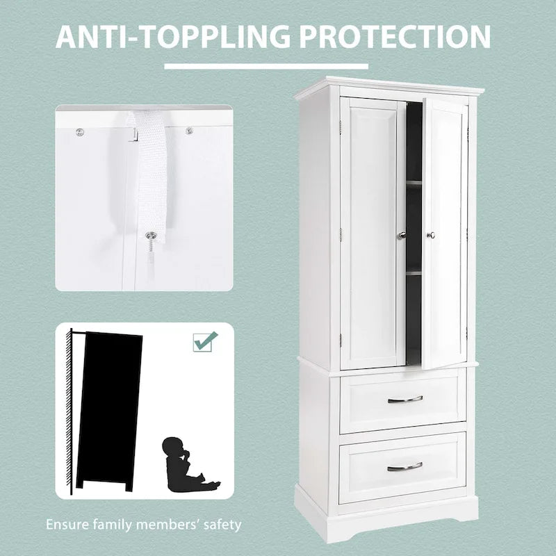 White Tall Storage Cabinet with 2 Drawers - Freestanding Bathroom Tower