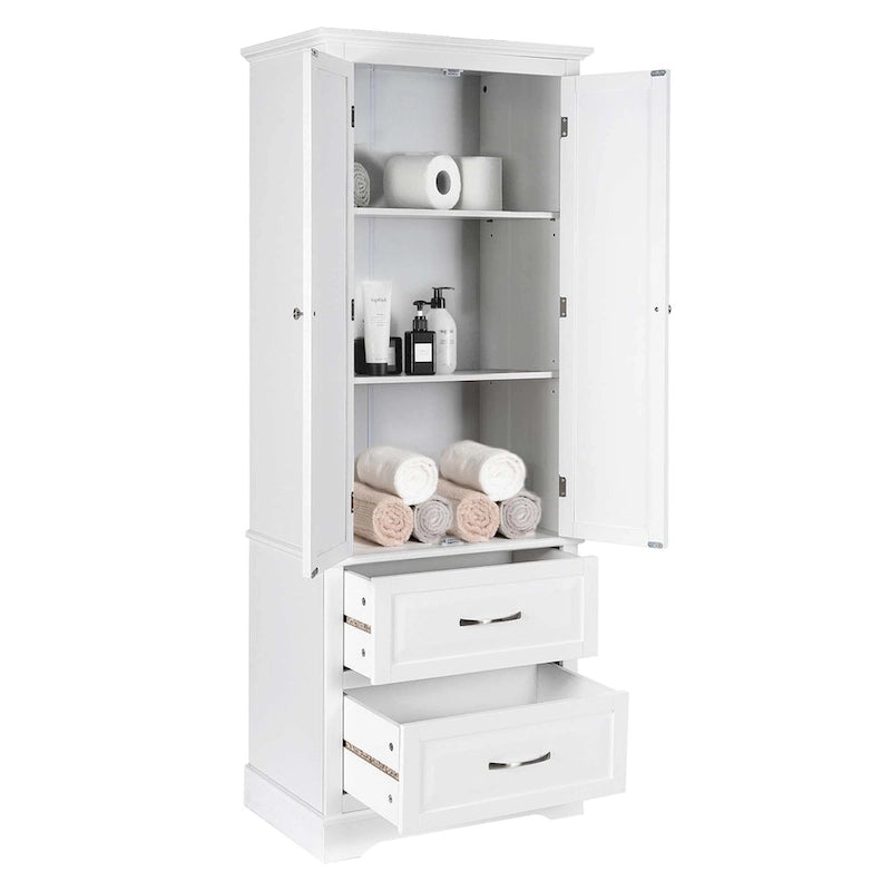 White Tall Storage Cabinet with 2 Drawers - Freestanding Bathroom Tower