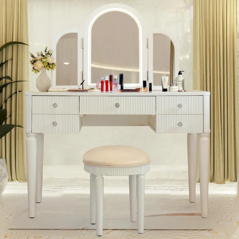 Champagne Mirrored Vanity with LED Light and Stool