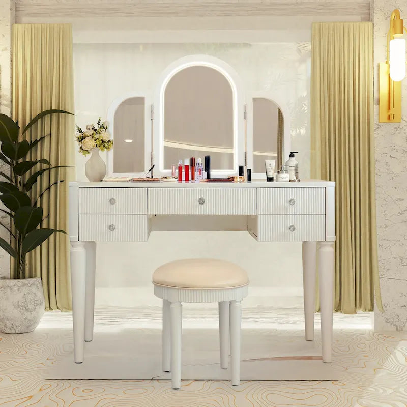 Champagne Mirrored Vanity with LED Light and Stool