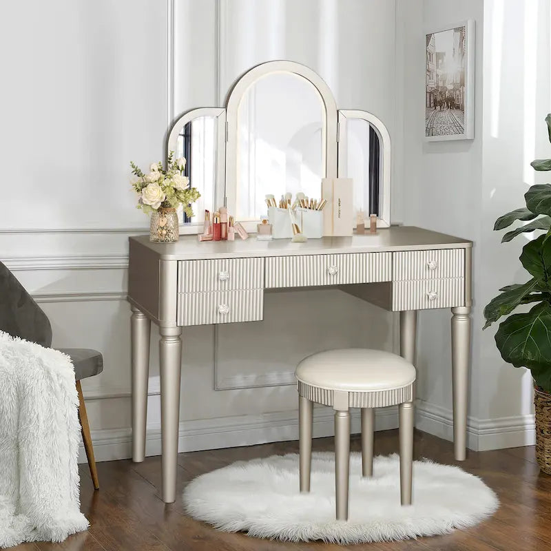 Champagne Mirrored Vanity with LED Light and Stool