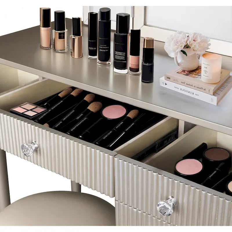 Champagne Mirrored Vanity with LED Light and Stool