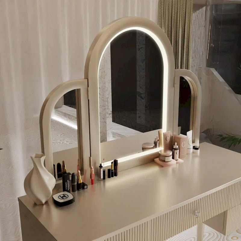 Champagne Mirrored Vanity with LED Light and Stool