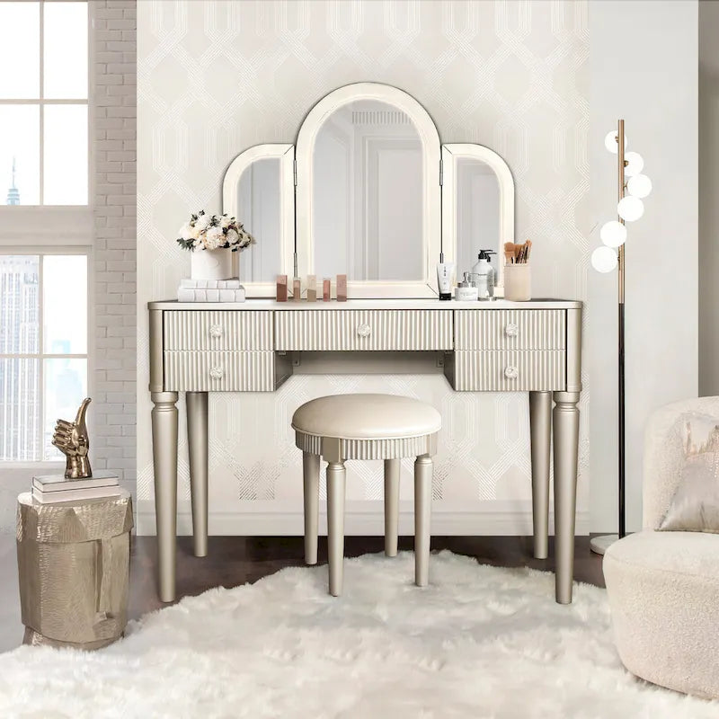 Champagne Mirrored Vanity with LED Light and Stool