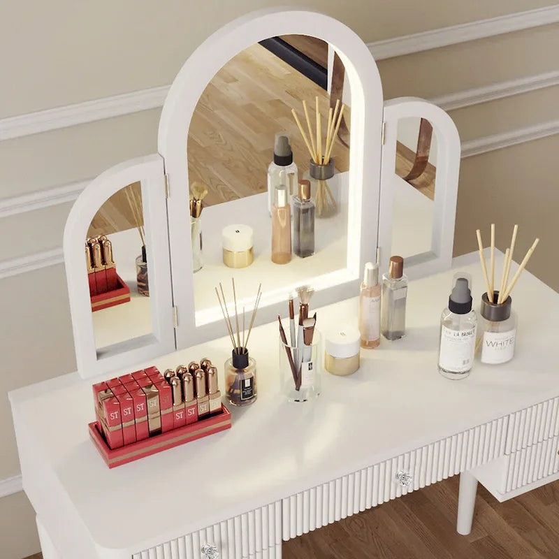 Champagne Mirrored Vanity with LED Light and Stool