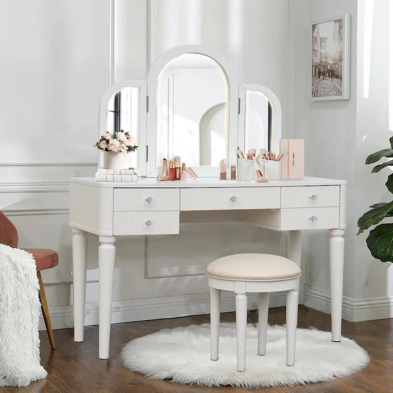 Champagne Mirrored Vanity with LED Light and Stool