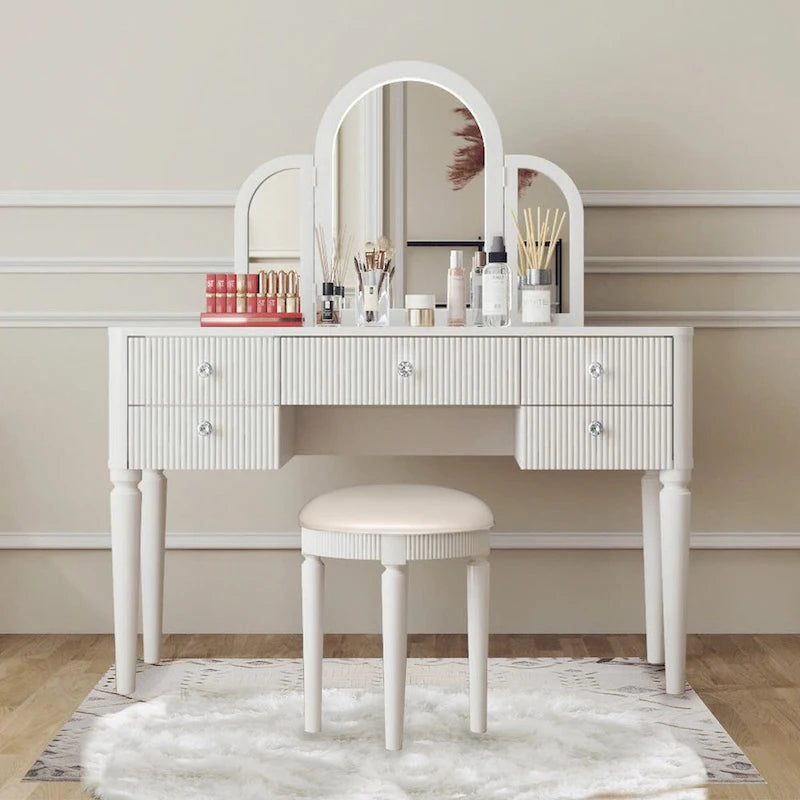 Champagne Mirrored Vanity with LED Light and Stool