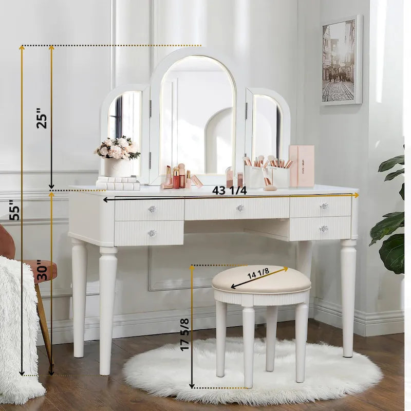 Champagne Mirrored Vanity with LED Light and Stool