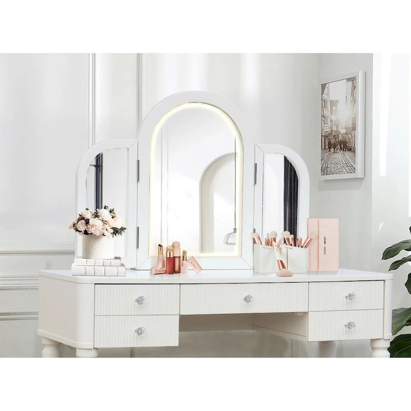 Champagne Mirrored Vanity with LED Light and Stool