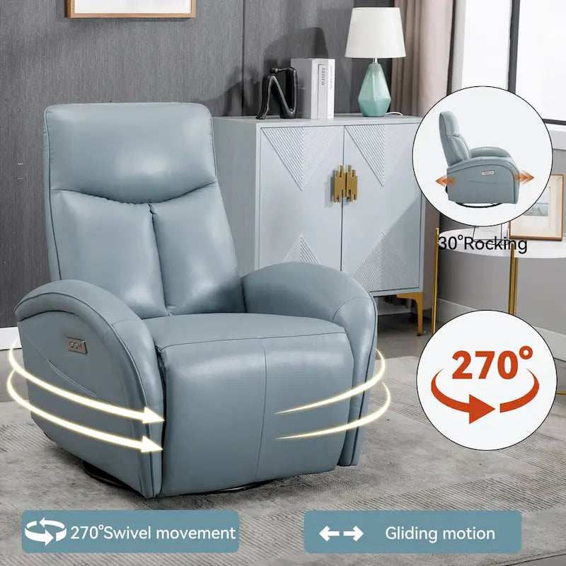 270 Genuine Leather Swivel and Rocker Power Recliner Chair for Elderly, Lving Room Single Sofa w/Lumbar Support & Rolled Arms