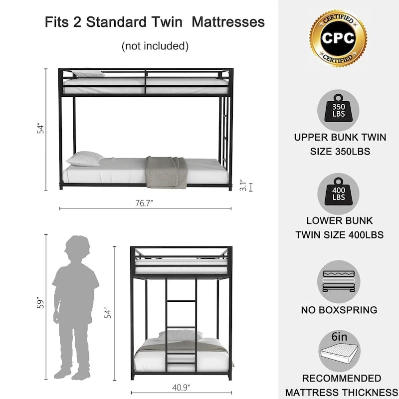 Sturdy Twin over Twin Bunk Bed Metal Black for and Adult, Low Profile Twin over twin bunk bed with Ladder and Guardrails