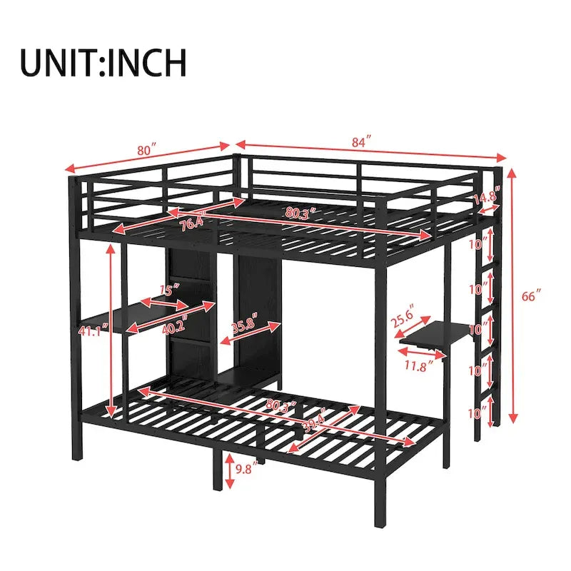 King over Twin XL Size Bunk Bed Frame with Built-in Wardrobe, Metal Bunk Bed with Foldable Desk and, Black