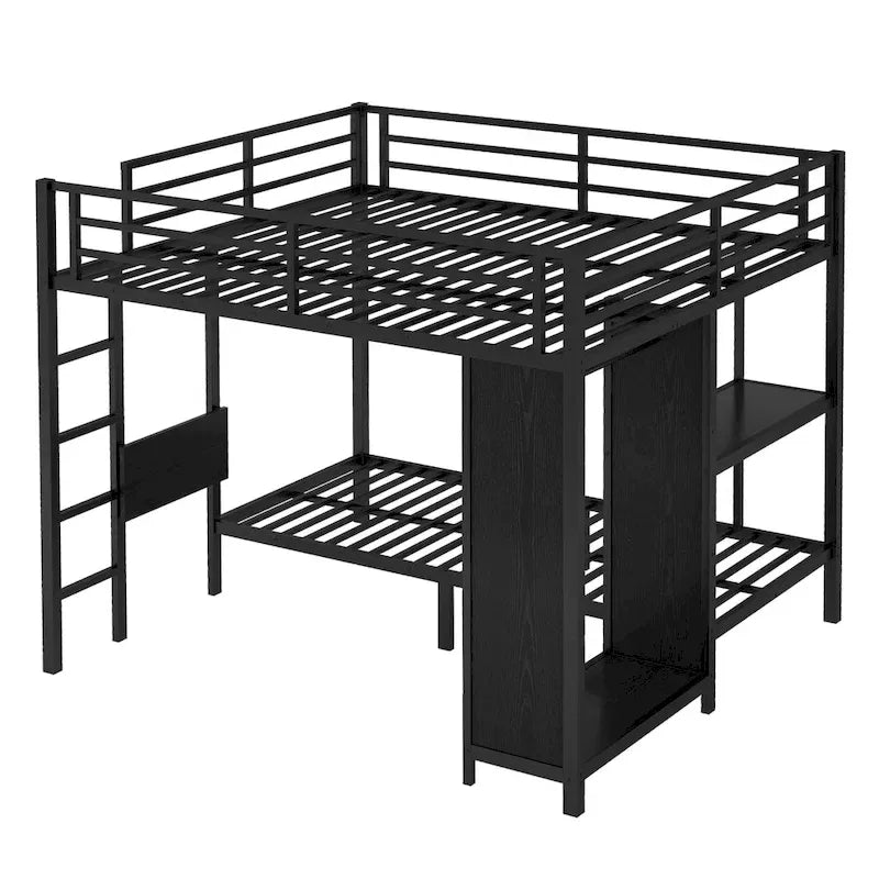 King over Twin XL Size Bunk Bed Frame with Built-in Wardrobe, Metal Bunk Bed with Foldable Desk and, Black