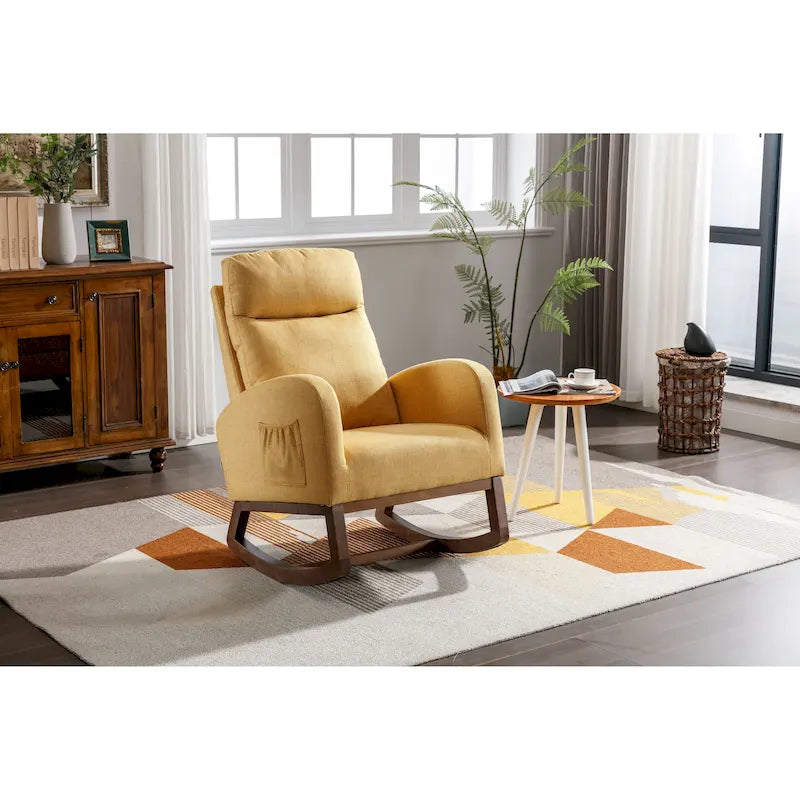 Modern 27 Upholstered Rocking Chair with Wood Legs and Side Pocket