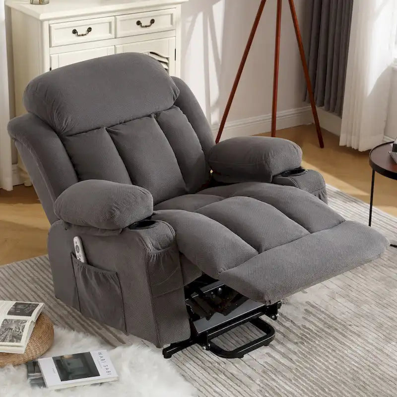 Grey Electric Power Lift Recliner featuring Heating, Massage, USB Port, Side Pockets, and Remote Control Functionality