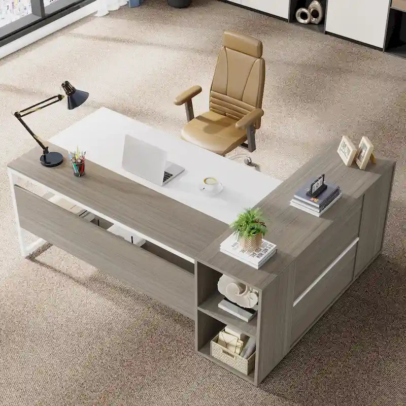 71 inch Executive Desk, L Shaped Desk with Cabinet and Shelves for Home Office