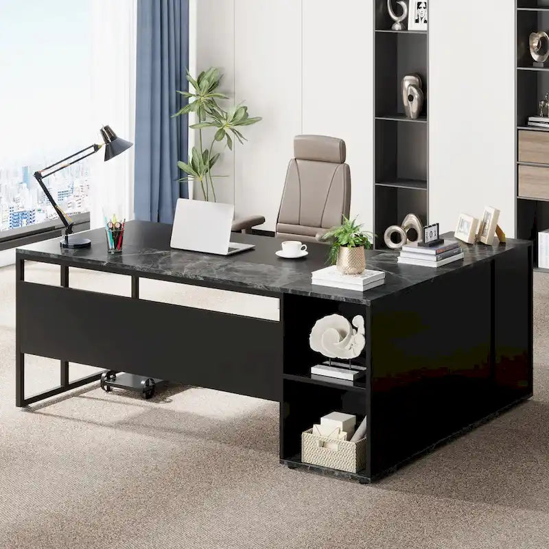 71 inch Executive Desk, L Shaped Desk with Cabinet and Shelves for Home Office