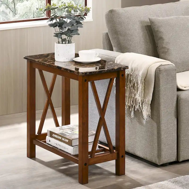 Farmhouse Faux Marble Side Table with Shelf - Dark Grey/White/Brown/Oak